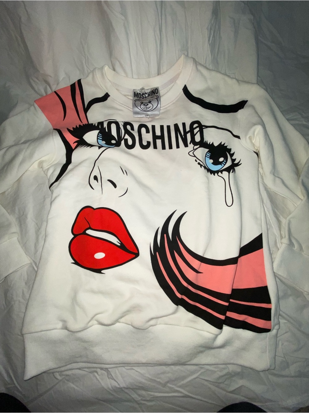 Moschino White Kids Pop-Art Face Sweatshirt with Red Lips & Pink Accents